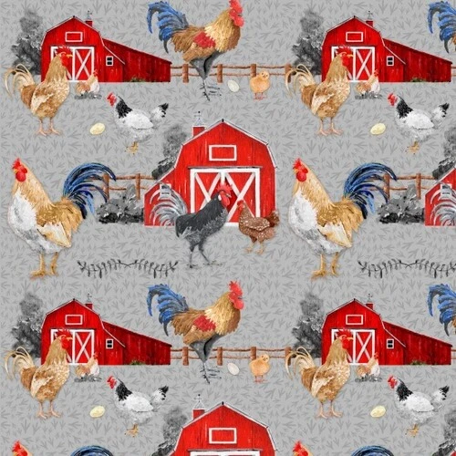 Chicken Rooster Farm Bird Barn Egg Gray Cotton Fabric Blank Textiles by The Yard