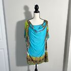 One World Live & Let Live Top Blouse Plus 3X Green Blue Short Sleeve Stretch