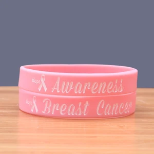 Breast Cancer Awareness Pink Silicone Wristbands Bracelet 52-1 - Picture 1 of 6