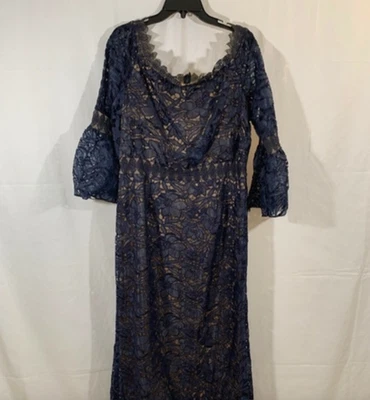 NEW  $598  Tadashi Shoji Navy Blue Lace Off The Shoulder Gown Size 6 - Image 1 of 4