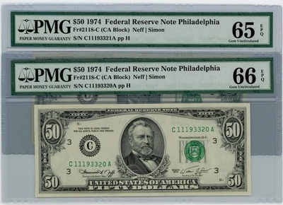Fr. 2118-C $50 1974 Federal Reserve Note 2 Consecutive 65-66 EPQ PMG DC-2567 - Image 1 of 3