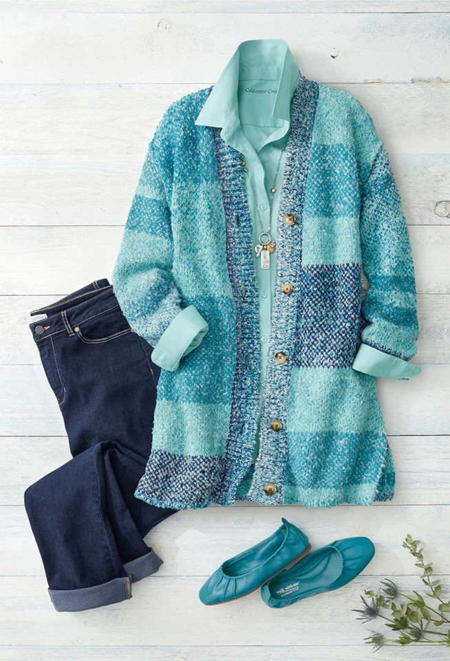 Coldwater Creek Flint Creek Cardigan color Aqua Sea Multi or Lavender Pearl Mult - Image 1 of 4