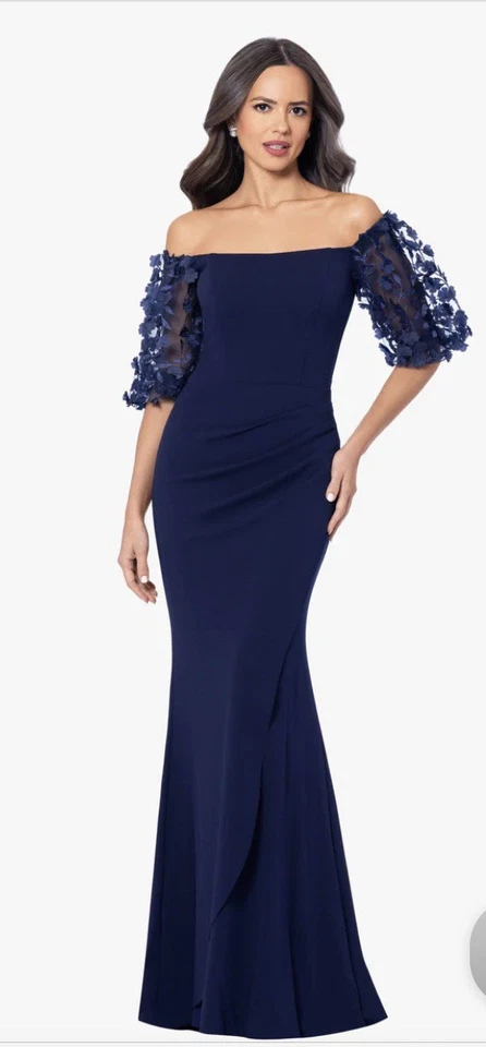 XSCAPE Women's Blue Off-The-Shoulder Floral Sleeve Gown Dress Size 6