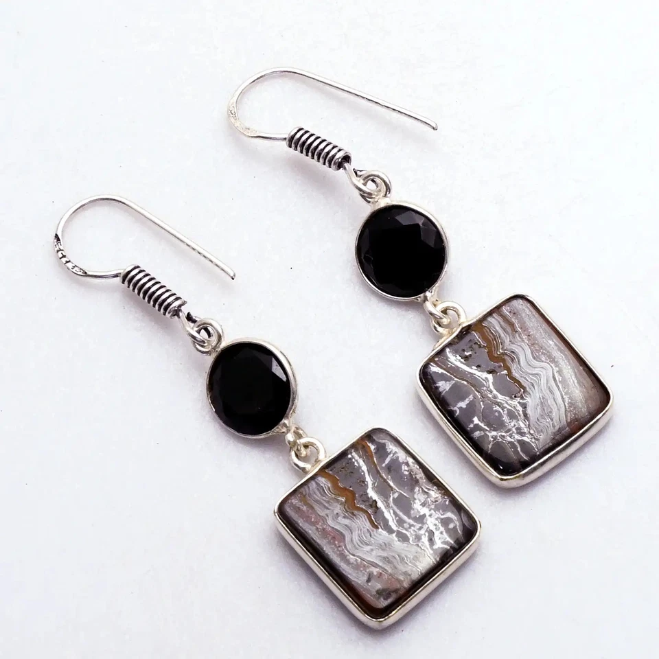 Iron Tiger Eye Black Onyx Gemstone Drop Dangle Earrings Jewelry 2.2" AE-88633 - Image 1 of 1