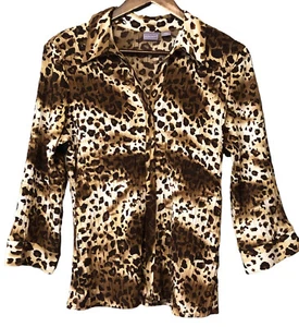 Laura Scott Womens Leopard Print Collared Button Front Stretch V Neck XL - Picture 1 of 8