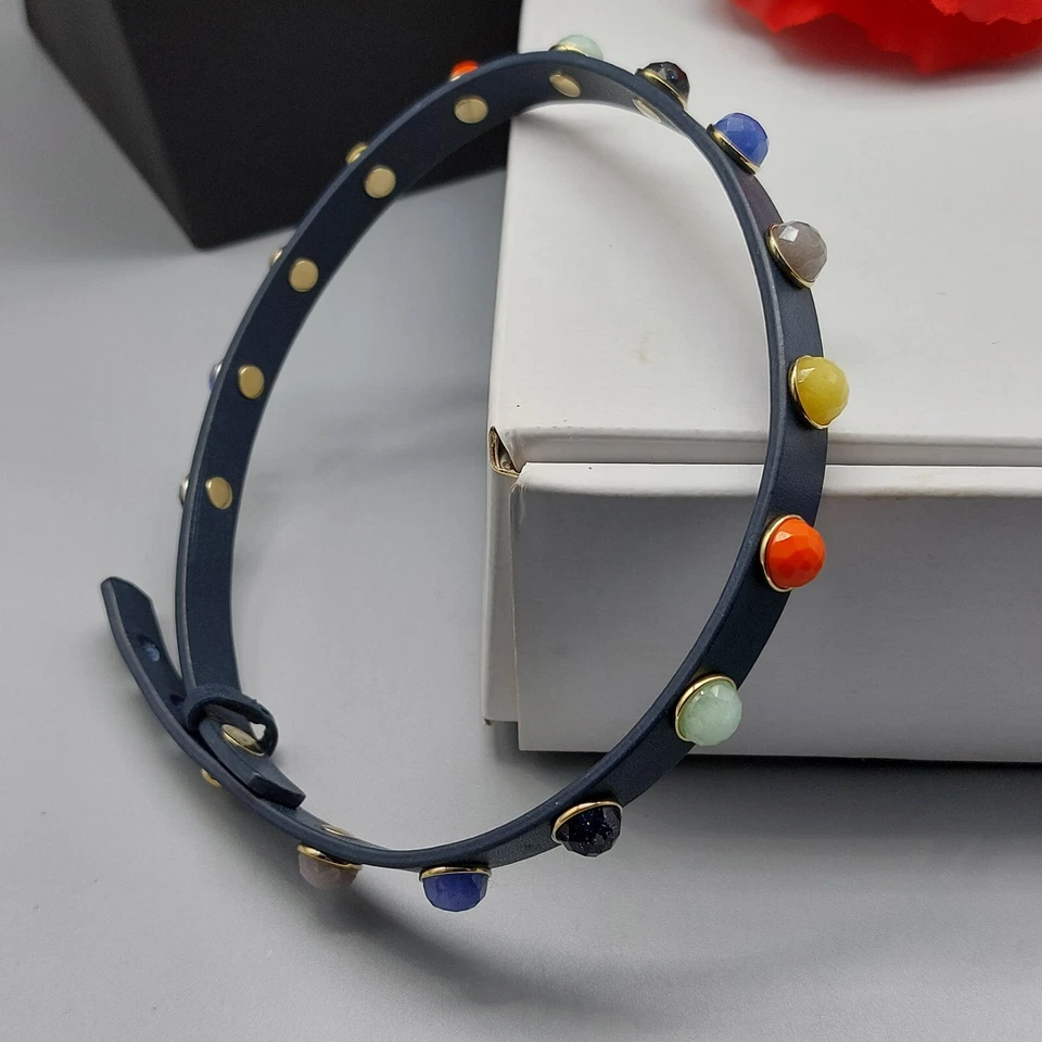 Collar de perro negro fósil firmado 14-15" cuentas multicolores borde tono dorado Foto 1 de 4