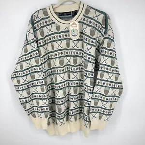 Cape Isle Knitters Mens L Crewneck Sweater Golf Argyle Striped 100% Cotton Cream - Picture 1 of 8
