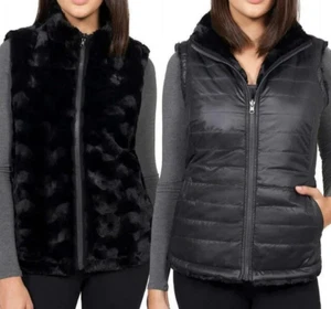 NEW Nicole Miller Women MEDIUM Reversible Quilted Faux Fur Vest Puffer Black Zip - Picture 1 of 5
