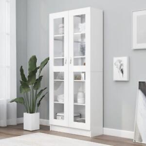 White Cabinet Cupboard Tall Display Storage Unit w/ Glass Doors & Shelving