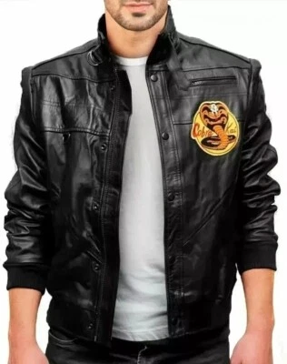 Cobra Kai Johnny Lawrence Black Bomber Jacket The Karate Kid Leather Style - Image 1 of 3