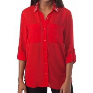 Michael Kors Georgette Studded Collar Roll Tab Sleeve Button Down Blouse Red - Picture 1 of 6