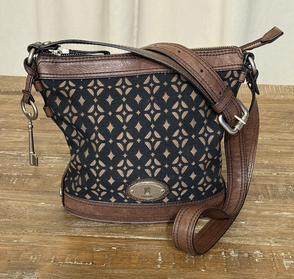 Fossil Maddox Black Brown Canvas and Leather Bucket Shoulder Bag - Image 1 of 4