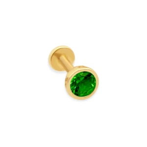 Triple C Diamond  14K Solid Gold Bezel Set Green Emerald Piercing Flat Back Stud - Picture 1 of 3