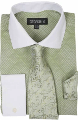 Mini camisa de vestir a cuadros/a cuadros con corbata y pañuelo puño francés para hombre AH624 Foto 1 de 4