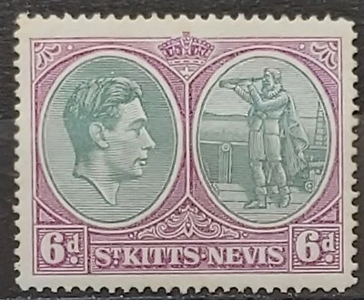 St Kitts & Nevis KGVI 1943 6d Green & Purple Mint sg 74c - Image 1 of 2
