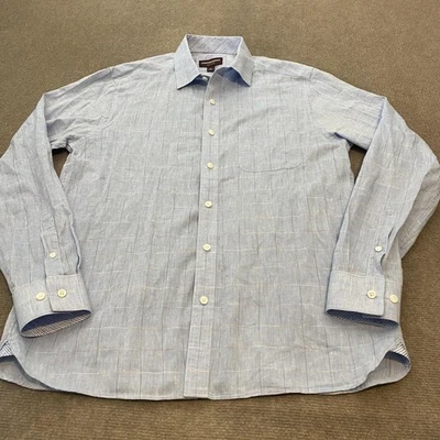 Johnston & Murphy Shirt Mens Medium Blue Linen Windowpane Button Down Casual - Image 1 of 4