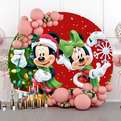 Round Merry Christmas Mickey Mouse Minnie Backdrop Party Background Banner - Image 1 of 4