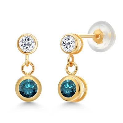 0.82 Ct Round Blue Diamond White Topaz 14K Yellow Gold Earrings - Image 1 of 4