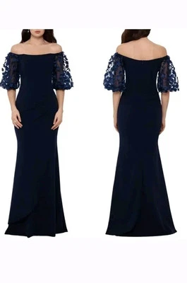 Vestido Xscape azul marino apliques florales media manga talla 16P $258 Foto 1 de 3