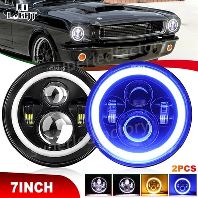 For Ford Mustang 1965-1978 7" INCH Round LED Headlights Halo DRL Angel Eyes Pair - Image 1 of 4