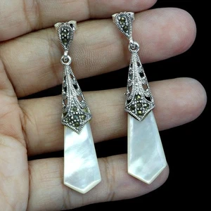 925 Sterling Silver Earrings Mother Of Pearl Marcasite Natural Jewelry - Picture 1 of 13