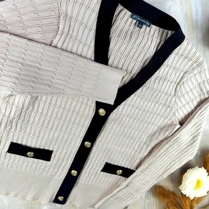 Adrianna Papell Cardigan Women L Beige Black Trim Cable Knit Button Sweater - Picture 1 of 8