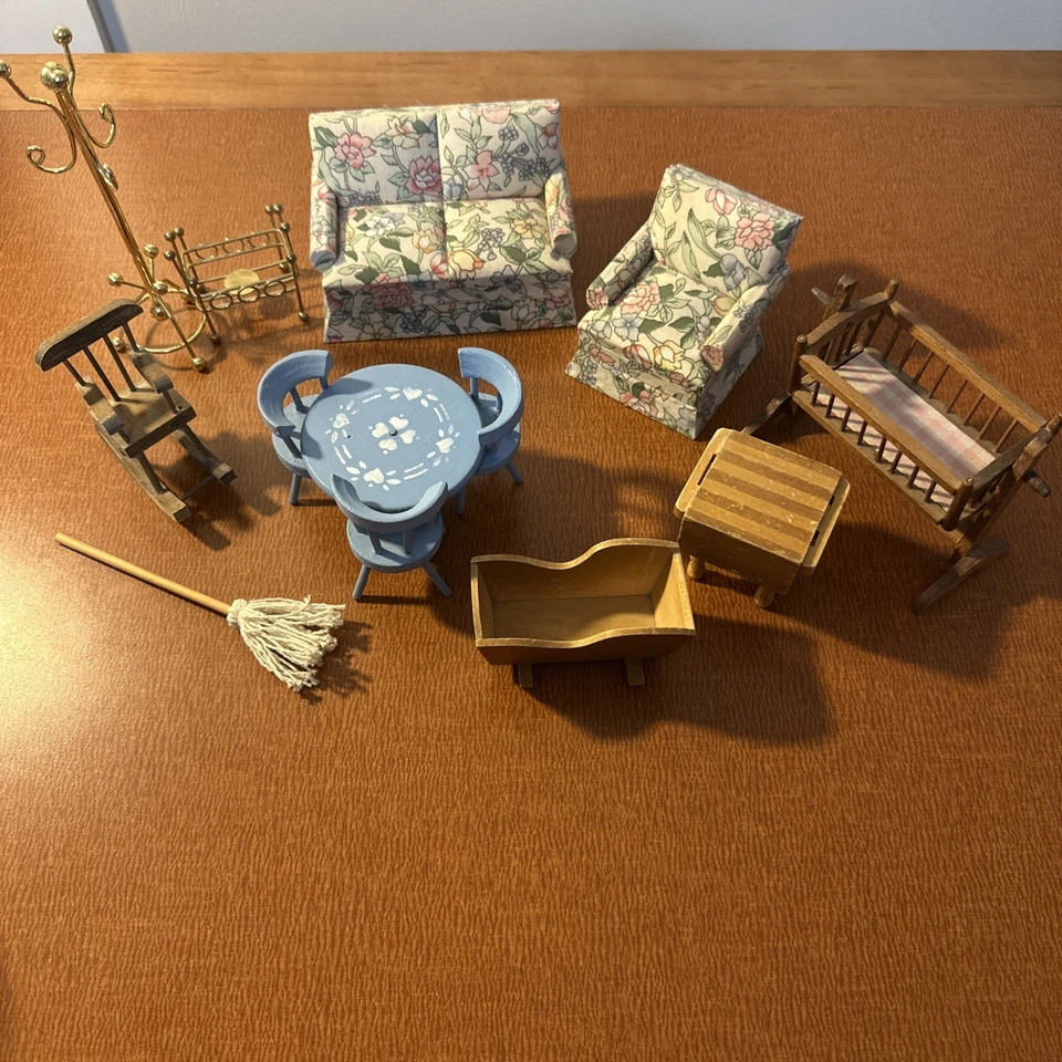 Vtg Miniature Dollhouse Furniture Living And Dining Baby Cradle Coat Rack - Image 1 of 4