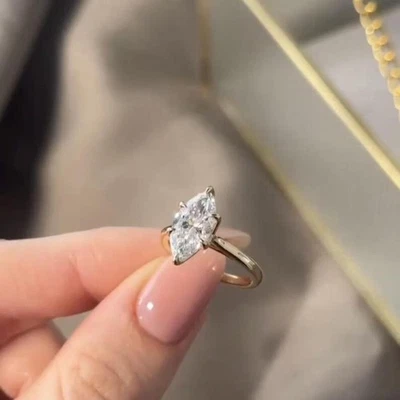 3 Ct Marquise Cut Real Moissanite Solitaire Engagement Ring 14k Yellow Gold Over - Image 1 of 4