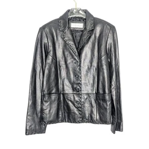 Vintage Jones New York Black Leather Long Sleeve Blazer Lace Up Stitch Trim L - Picture 1 of 11