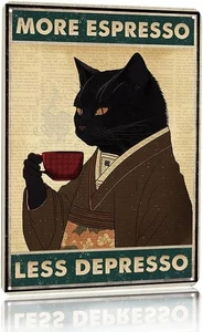 Letrero de lata de café gato negro vintage arte de pared más espresso menos espresso 6x8 pulgadas - Imagen 1 de 7