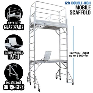 12ft Mobile Scaffold - Double Hatch Platform - Work Portable Aluminium or Steel - Picture 1 of 16