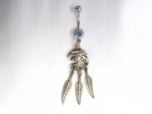 ENGRAVED EAGLE HEAD 3 FEATHER DREAM CATCHER USA PEWTER on 14g BLUE CZ BELLY RING - Picture 1 of 1