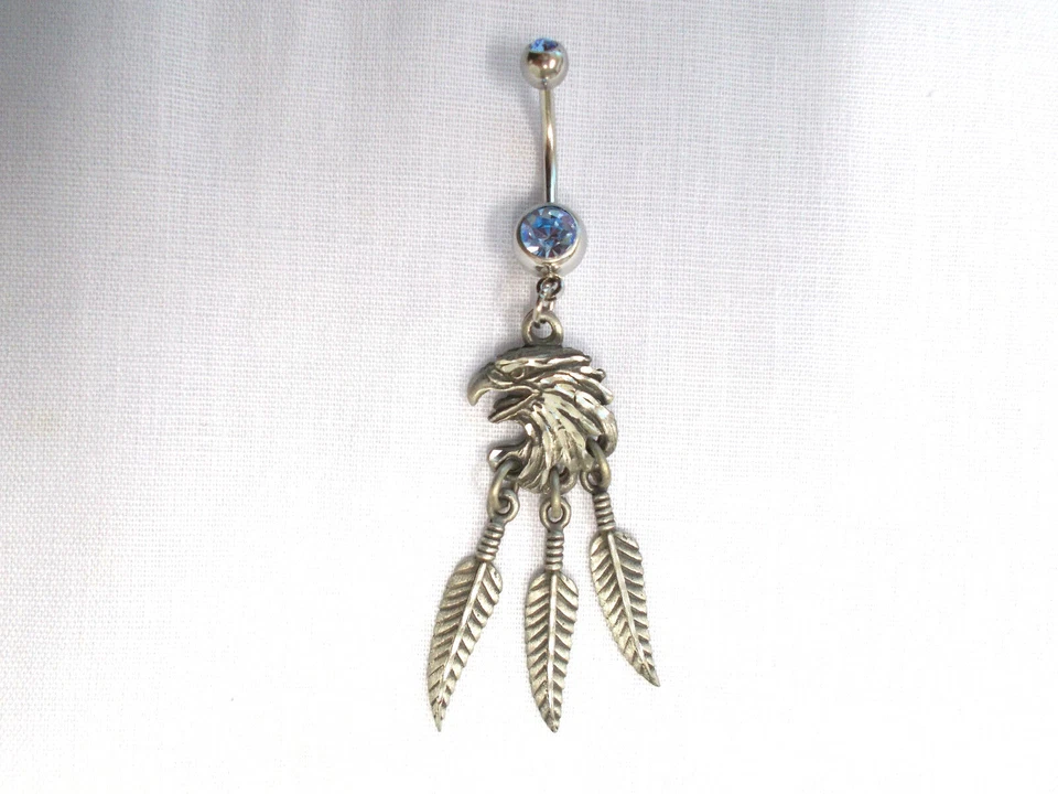 ENGRAVED EAGLE HEAD 3 FEATHER DREAM CATCHER USA PEWTER on 14g BLUE CZ BELLY RING - Image 1 of 1