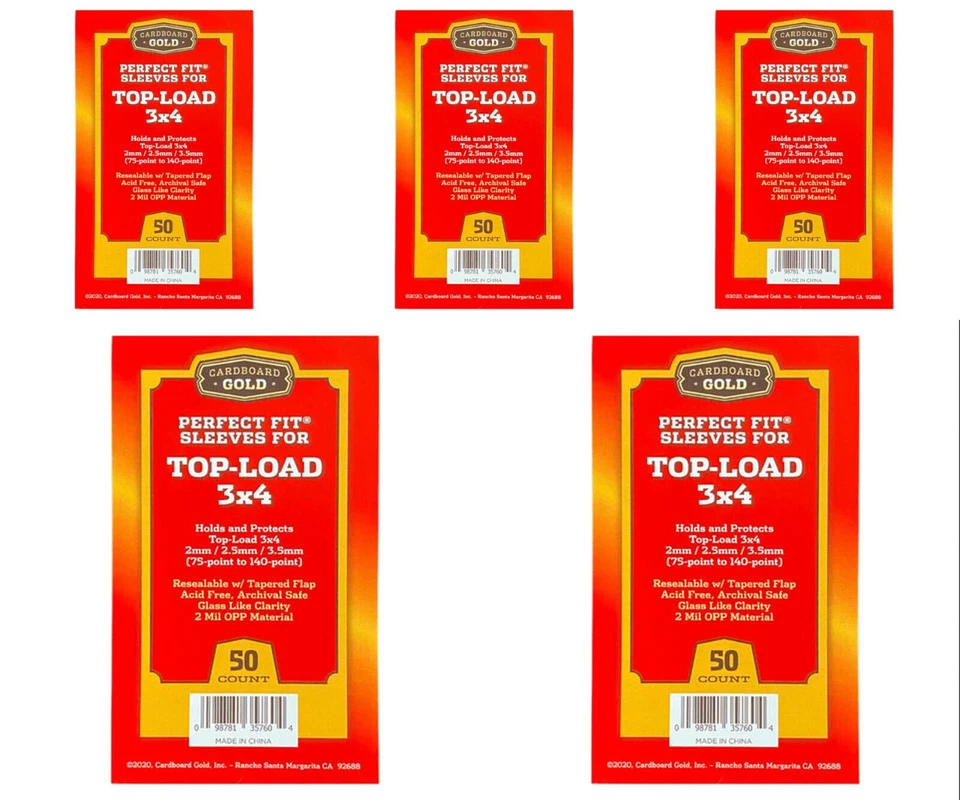250 Cardboard Gold Perfect Fit Sleeves for Top-Load 3x4 from 75-140 Pt Bag
