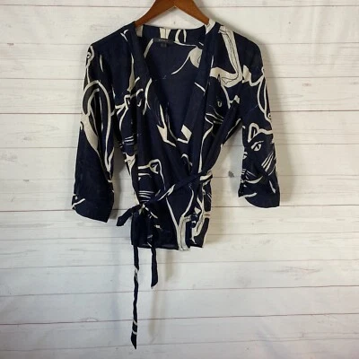 Esprit Womens 3/4 Sleeve Wrap Blouse XS Blue Print Button Cuff Polyester Belted - Image 1 of 4