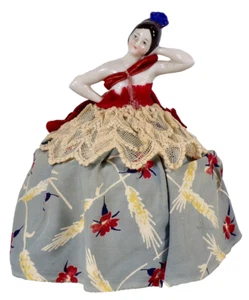 Half Doll Pin Cushion Spanish Lady Porcelain Blue Hair Comb Vanity Accessory - Picture 1 of 12
