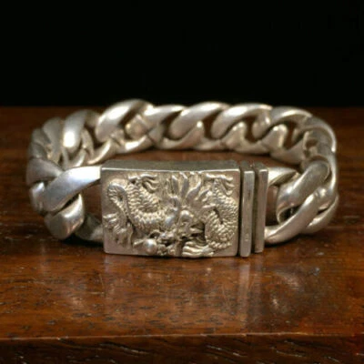 Chinese Asian Old Tibet Silver Hand Cast Dragon Statue Bracelet Jewel Gift Nice