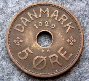 DENMARK CHRISTIAN X 1929 N GJ 5 ORE, BRONZE - Picture 1 of 4