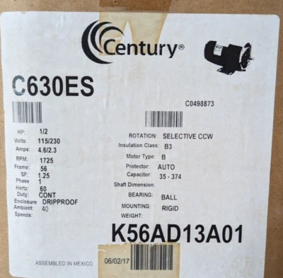 C630ES Century 1/2 hp 1800 RPM 1-Phase 56 Frame ODP (rigid base) 115/230V - Image 1 of 2