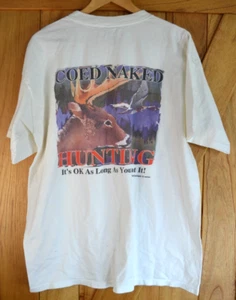 Vintage 90s Coed Naked Hunting Double Sided Graphic Single Stitch T-Shirt - XL - Picture 1 of 5