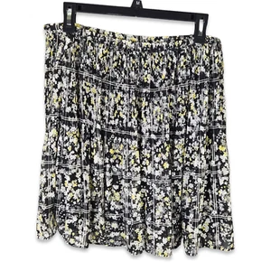 ELLE Swing Skirt Large Black Yellow White Floral Pleated Crimp Lined Belt Loops - Picture 1 of 6