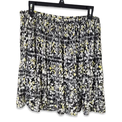 ELLE Swing Skirt Large Black Yellow White Floral Pleated Crimp Lined Belt Loops  - Image 1 of 4