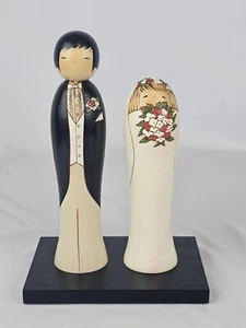 Usaburo Kokeshi Wooden Dolls Bride & Groom (w/ Stand) Wedding Gift Made in Japan - Picture 1 of 8