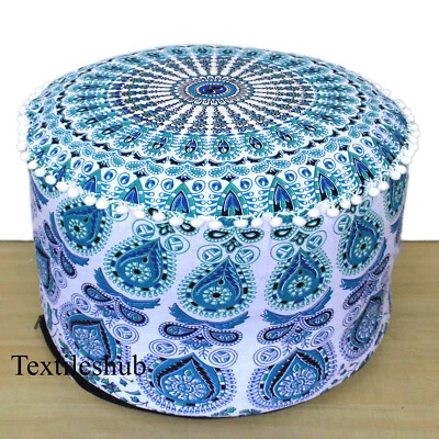Indian Handmade 18" Pouf Round Ottoman Printed Mandala Footstool Pouf Covers AU - Image 1 of 4
