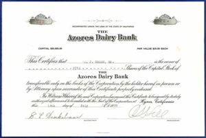 USA CA AZORES DAIRY BANK HYNES ( Paramount ) 1929 STOCK CERTIFICATE - Picture 1 of 1