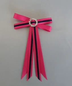 Junior Rider Equestrian Hair Ribbon Bow - Azalia Pink & Navy Satin & Rhinestones - Picture 1 of 3