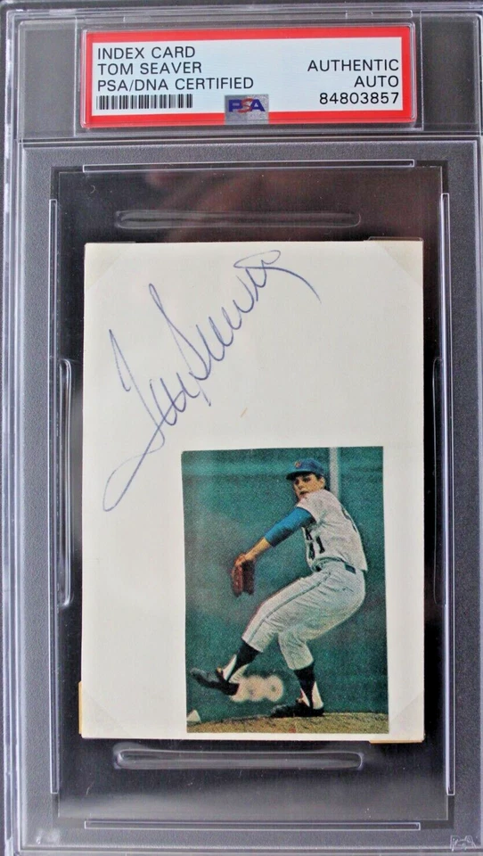 Tom Seaver (d.2020) HOF Mets Reds Autographed Signed 3x4 Index Card PSA Slab - Image 1 of 4