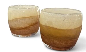 2er Set Kunstglas Windlichthalter mundgeblasen unsigniert Cafe Au Lait Farbart - Bild 1 von 6