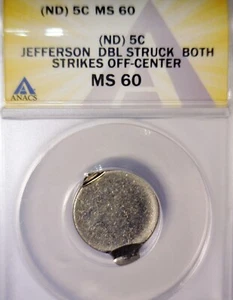 ERROR ANACS MS60 DOUBLE STRUCK Jefferson Nickel BU Coin Nice Saddle Strike NR - Picture 1 of 6