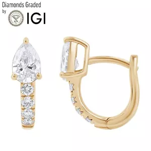 0.88Ct IGI Certified Lab Grown Diamond 14K Yellow Gold Hoop Earrings Women's - Picture 1 of 6